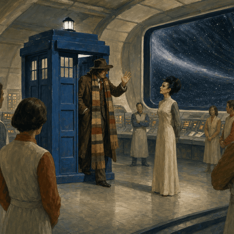Painting of a blue police box standing in a curved cream control room where a tall man in a brown coat, wide hat and long striped scarf steps out to greet a dark-haired woman in a long pale dress, a wall screen behind them showing stars bending into a dark vortex